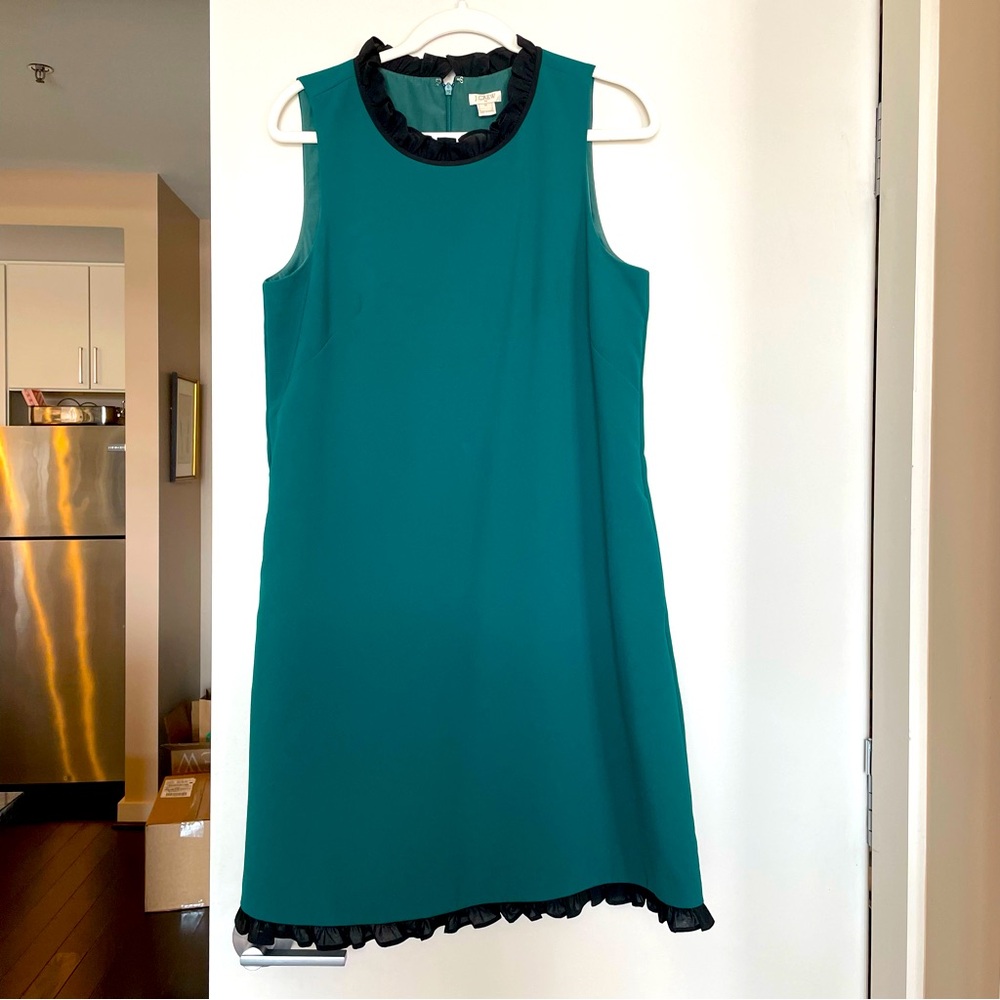 J. Crew Factory Sleeveless Ruffle Trim Suiting Shift Dress Green & Black Size 12